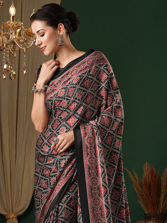 Black Crepe Ajrakh Printed Saree - Ressa