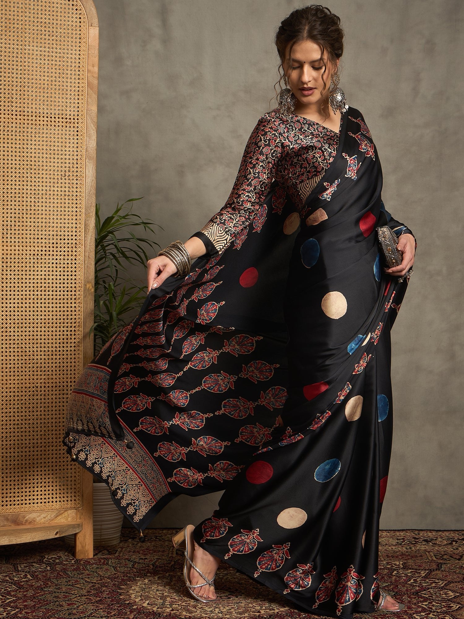 Black Crepe Polka Dot Printed Saree - Ressa