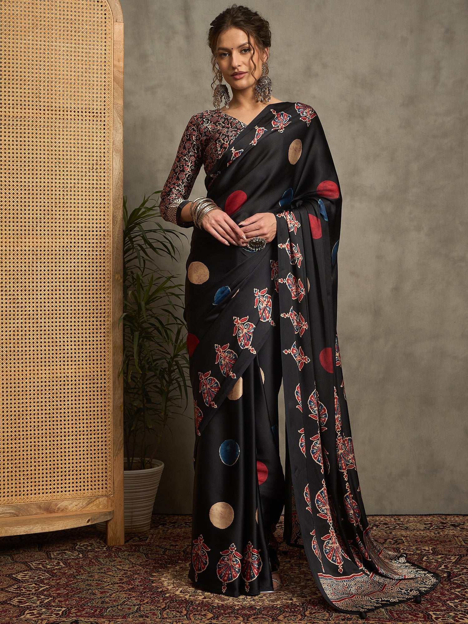 Black Crepe Polka Dot Printed Saree - Ressa