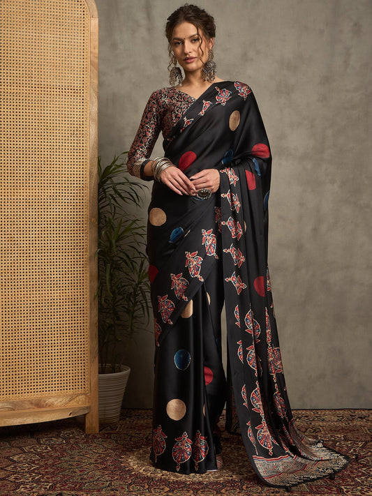 Black Crepe Polka Dot Printed Saree - Ressa