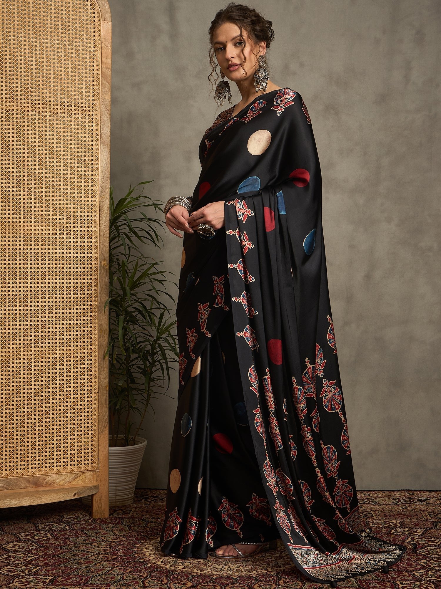 Black Crepe Polka Dot Printed Saree - Ressa