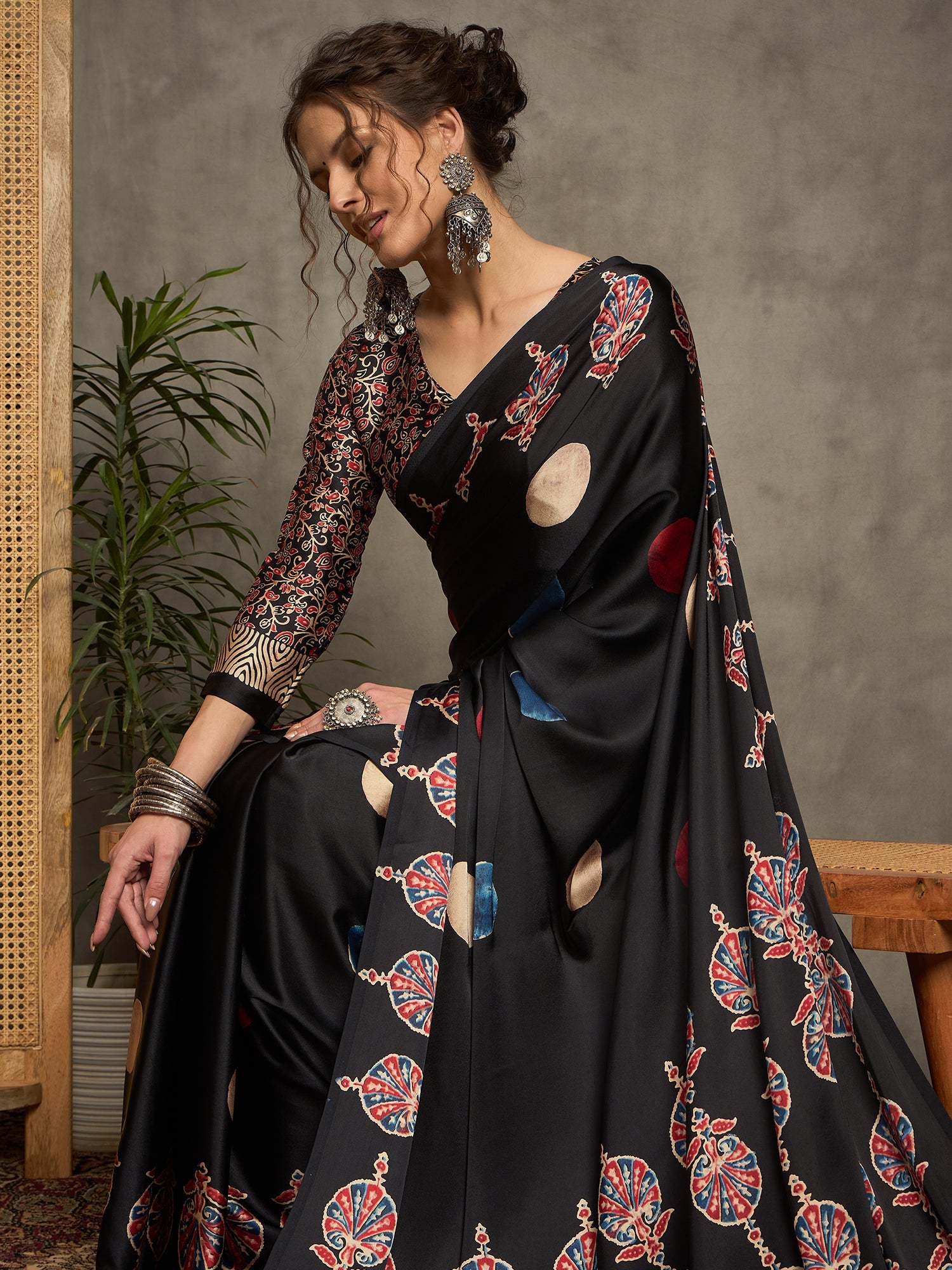 Black Crepe Polka Dot Printed Saree - Ressa