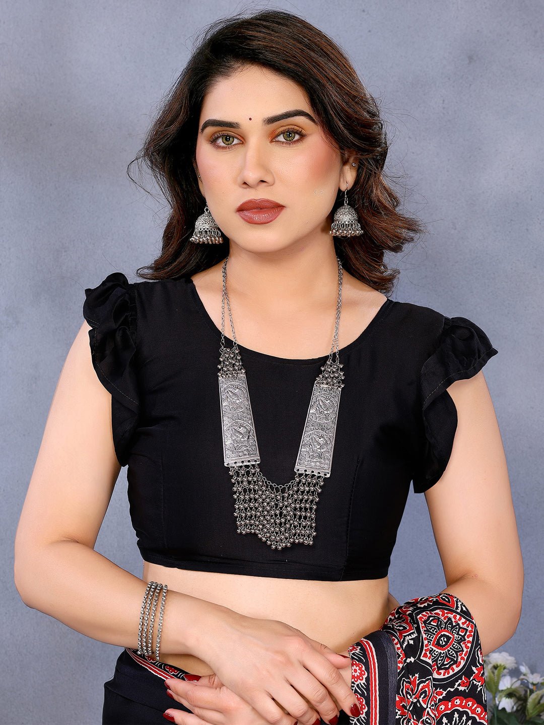 Black Crepe Saree with Ajrakh Block Print Border - Ressa