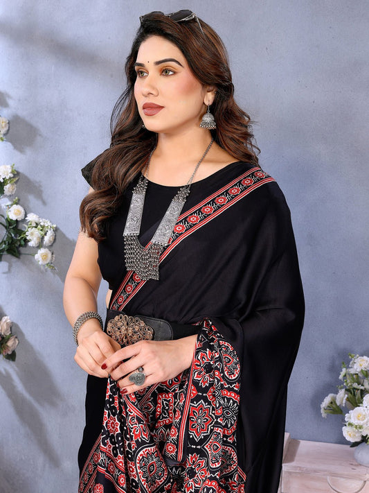 Black Crepe Saree with Ajrakh Block Print Border - Ressa