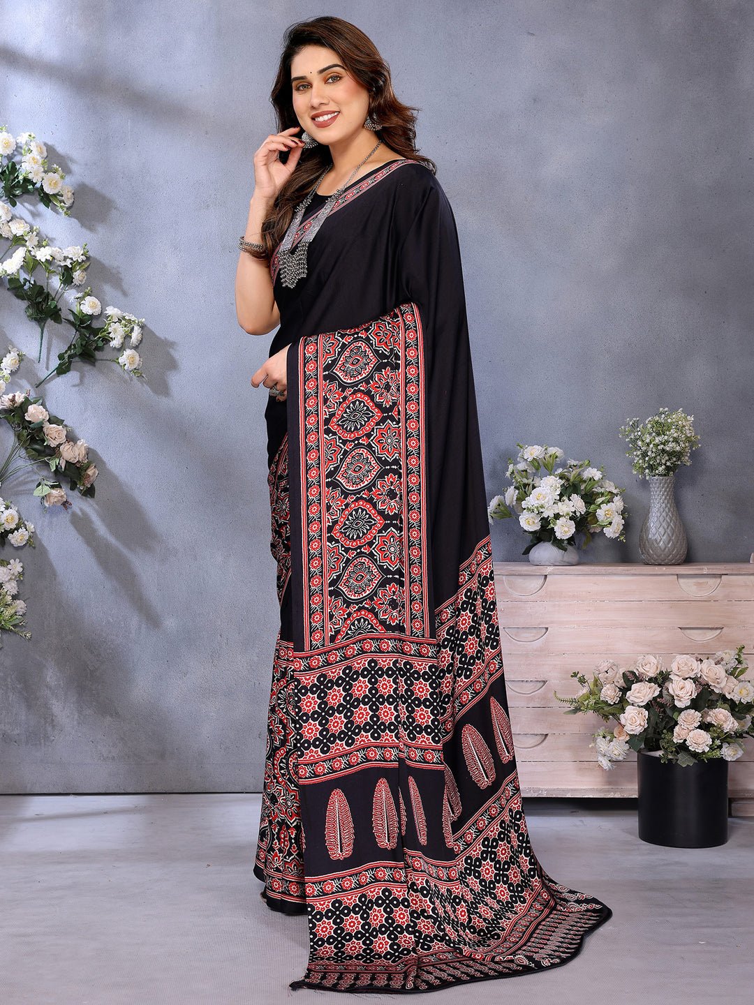 Black Crepe Saree with Ajrakh Block Print Border - Ressa