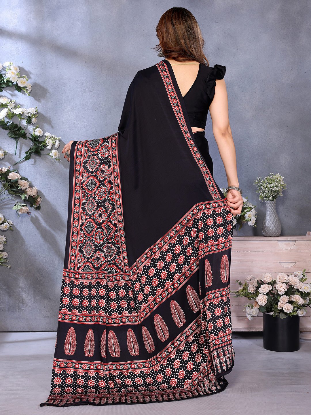 Black Crepe Saree with Ajrakh Block Print Border - Ressa