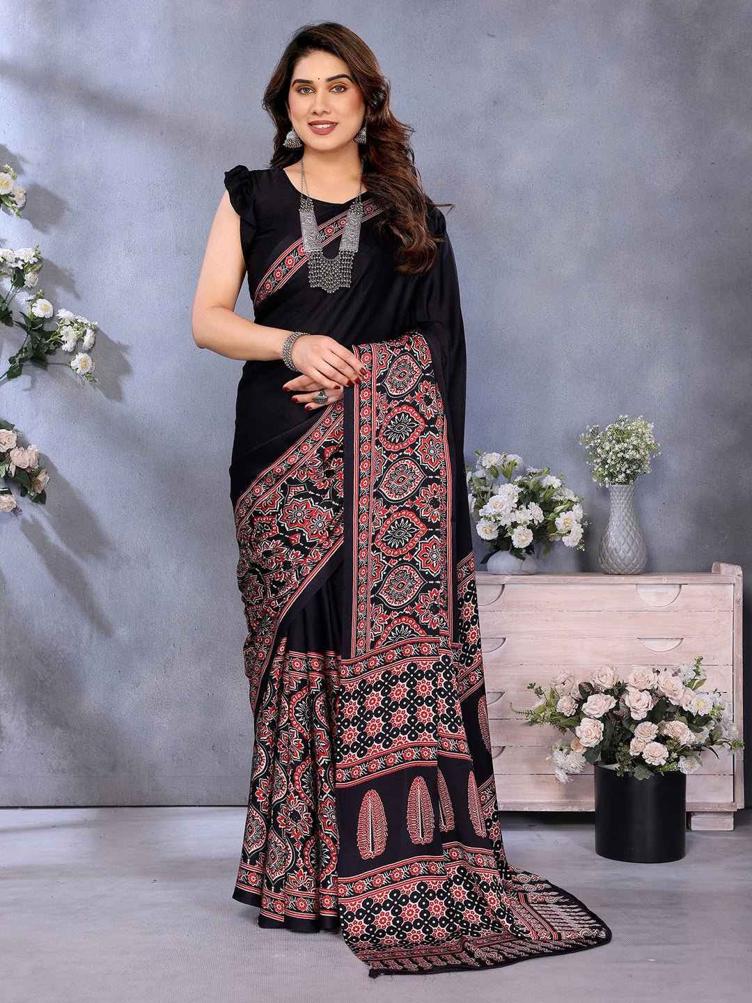 Black Crepe Saree with Ajrakh Block Print Border - Ressa