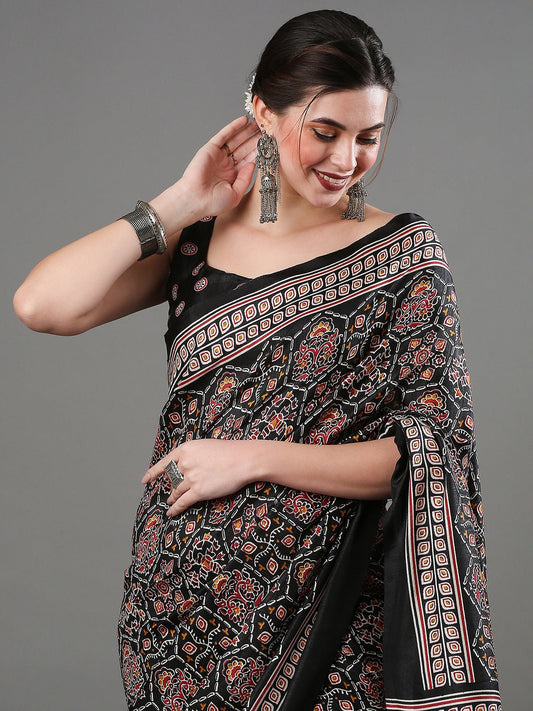 Black Dola Silk Ajrakh Block Printed Saree - Ressa