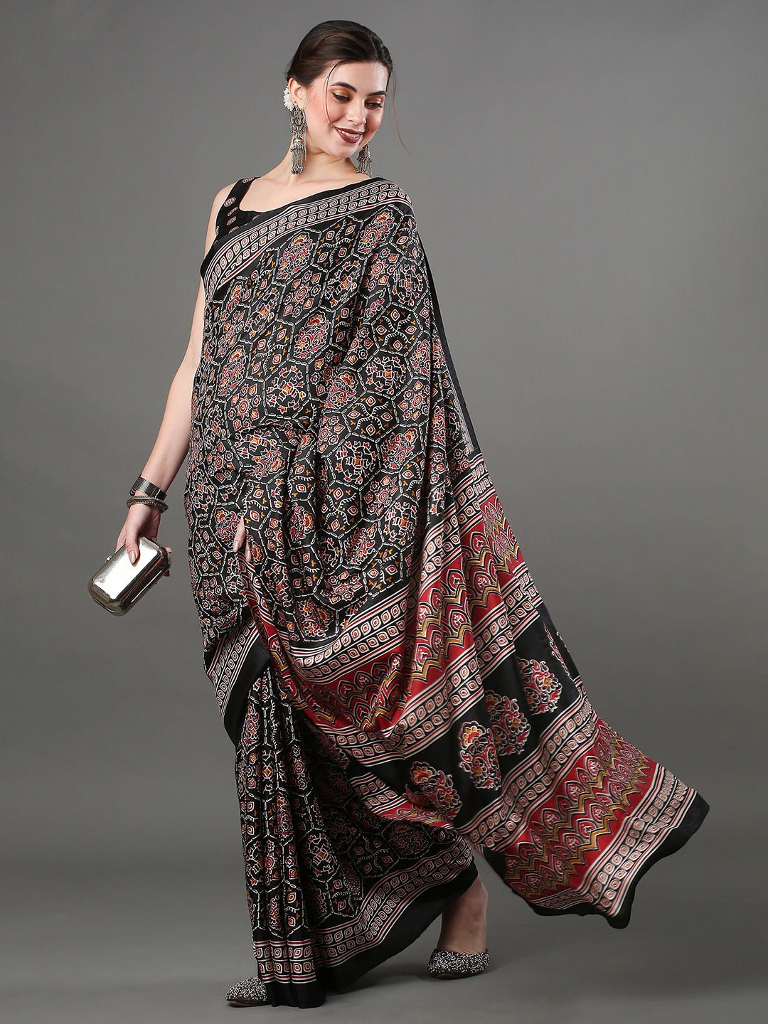 Black Dola Silk Ajrakh Block Printed Saree - Ressa