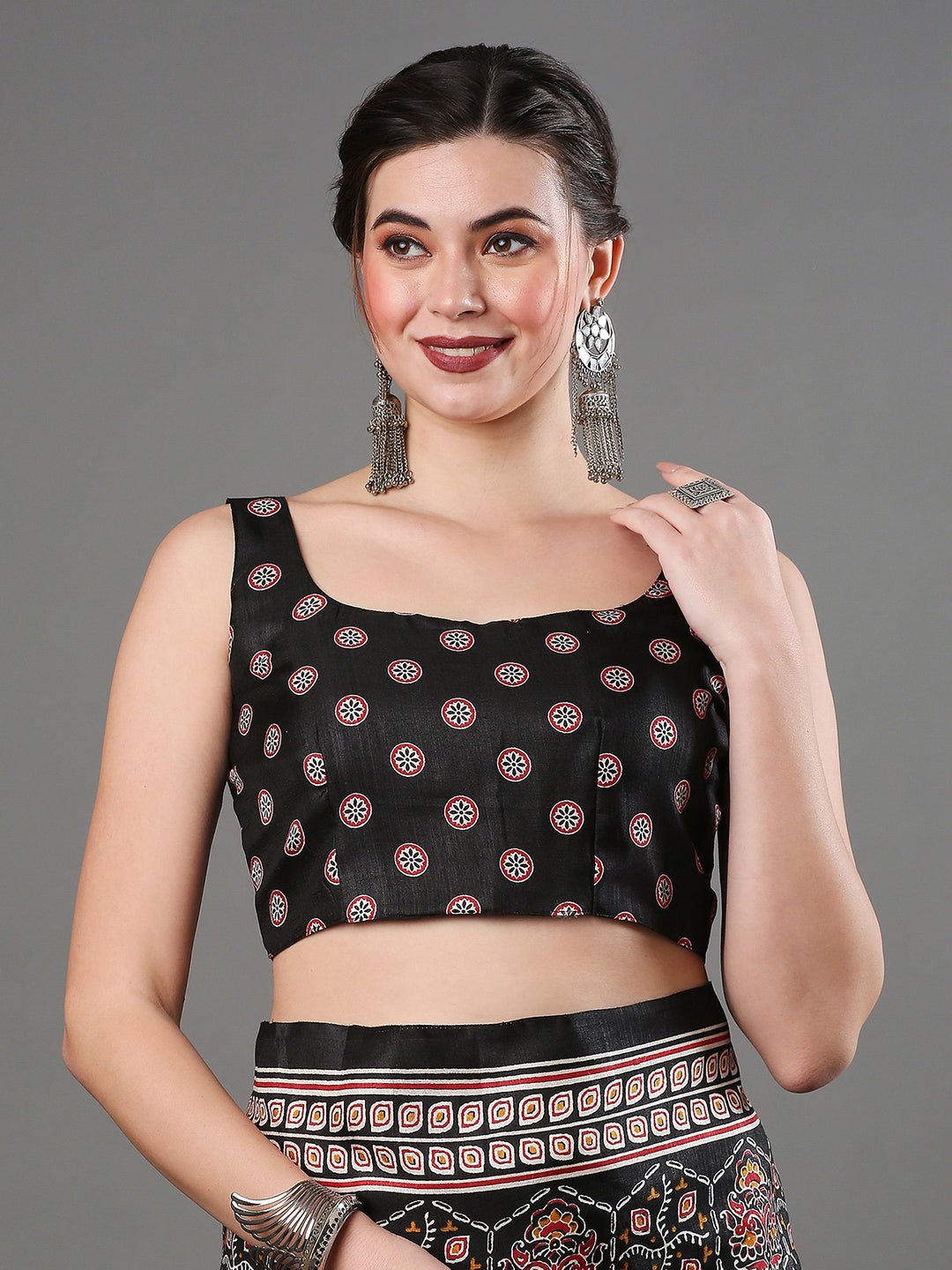 Black Dola Silk Ajrakh Block Printed Saree - Ressa