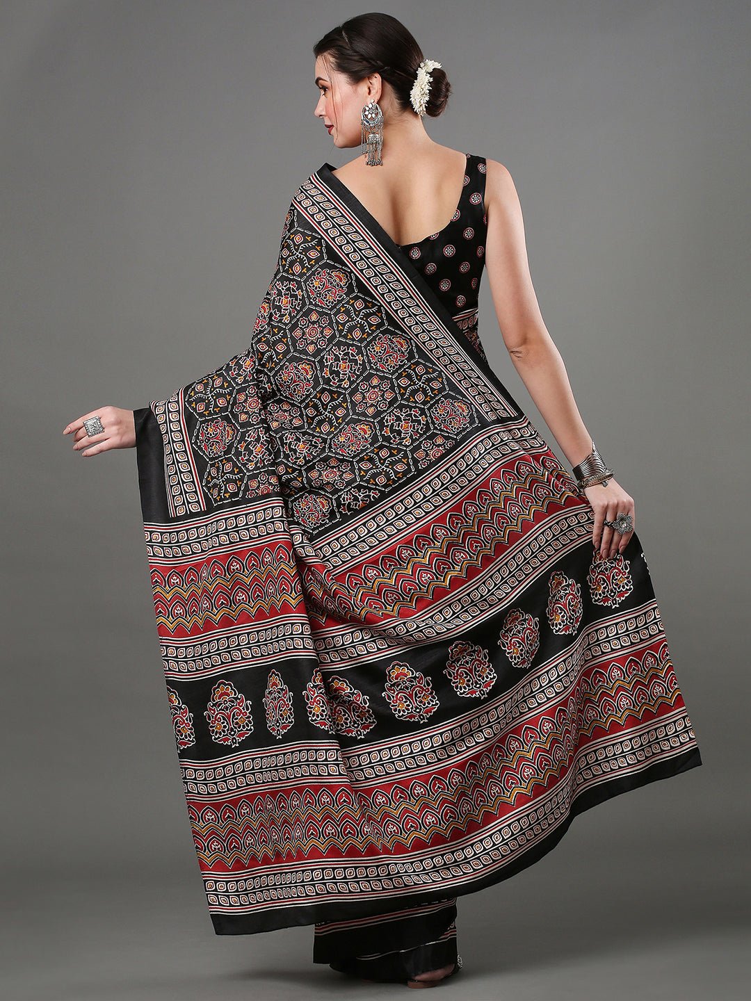 Black Dola Silk Ajrakh Block Printed Saree - Ressa