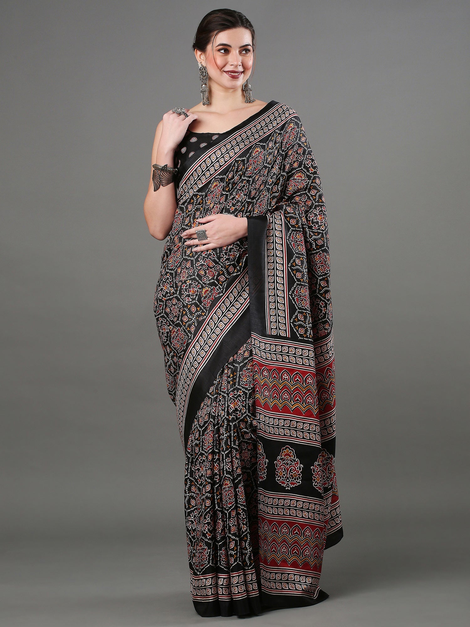 Black Dola Silk Ajrakh Block Printed Saree - Ressa
