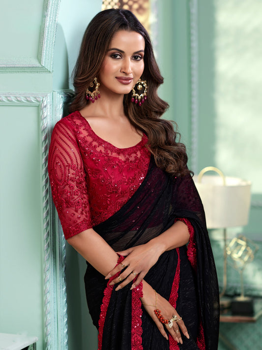 Black Embellished Sequinned Pure Chiffon Saree - Ressa