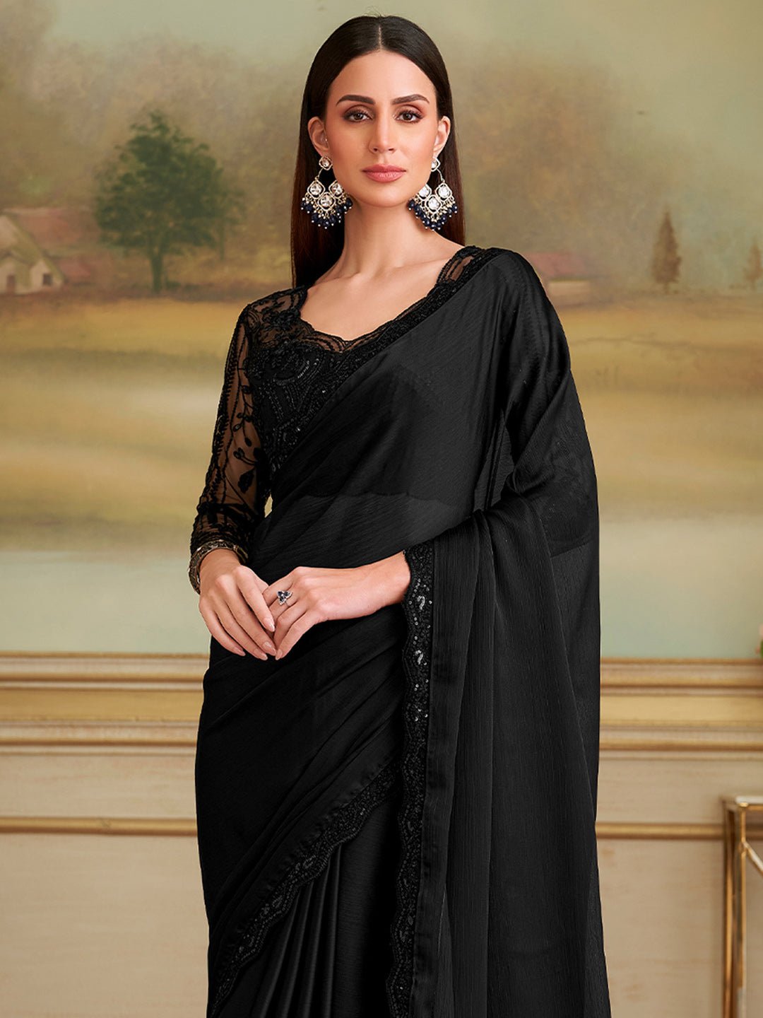 Black Embellished Sequinned Pure Chiffon Saree - Ressa