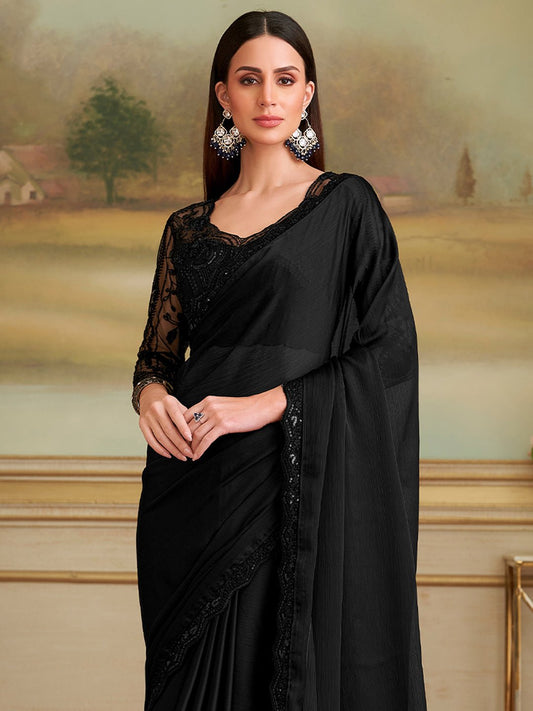 Black Embellished Sequinned Pure Chiffon Saree - Ressa