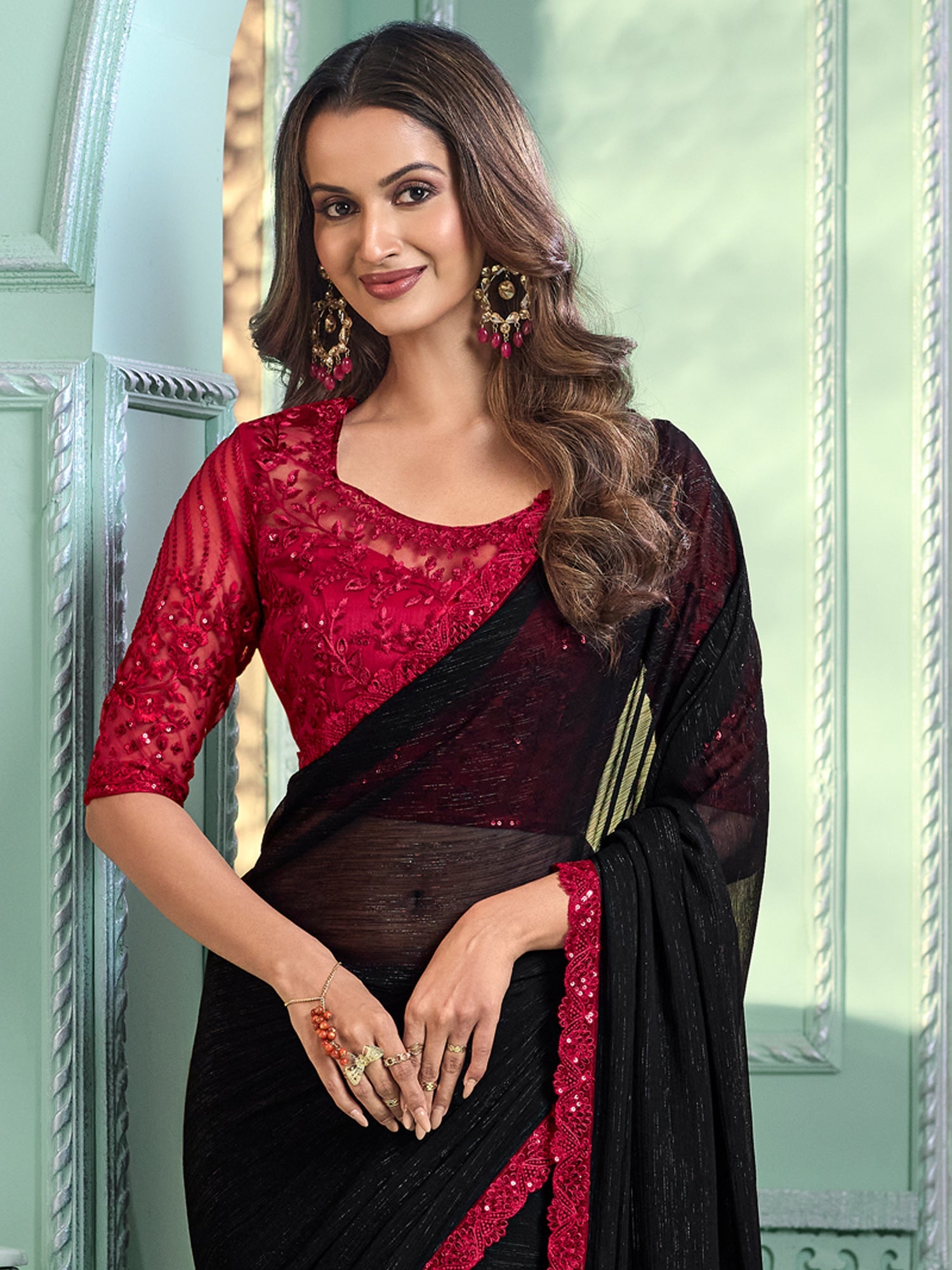 Black Embellished Sequinned Pure Chiffon Saree - Ressa