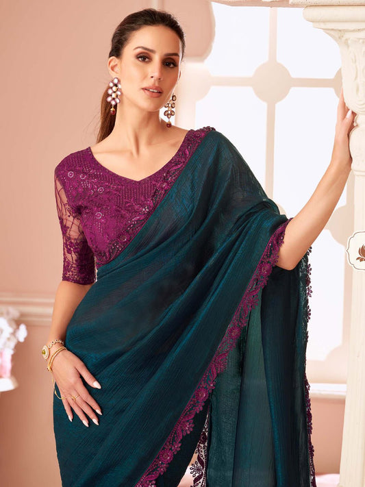 Black Embellished Sequinned Pure Chiffon Saree - Ressa