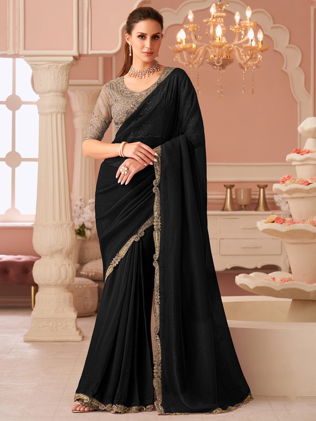 Black Embellished Sequinned Pure Chiffon Saree - Ressa