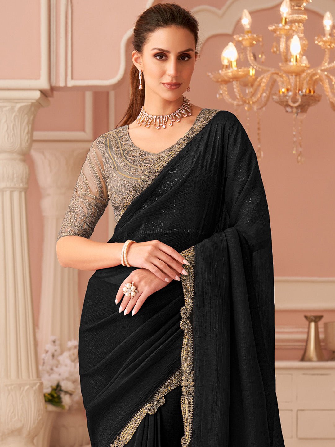 Black Embellished Sequinned Pure Chiffon Saree - Ressa