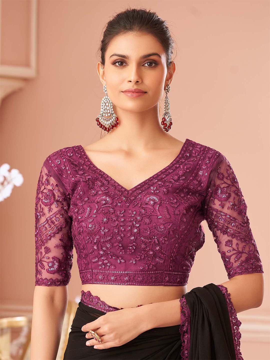 Black Embellished Sequinned Pure Chiffon Saree - Ressa