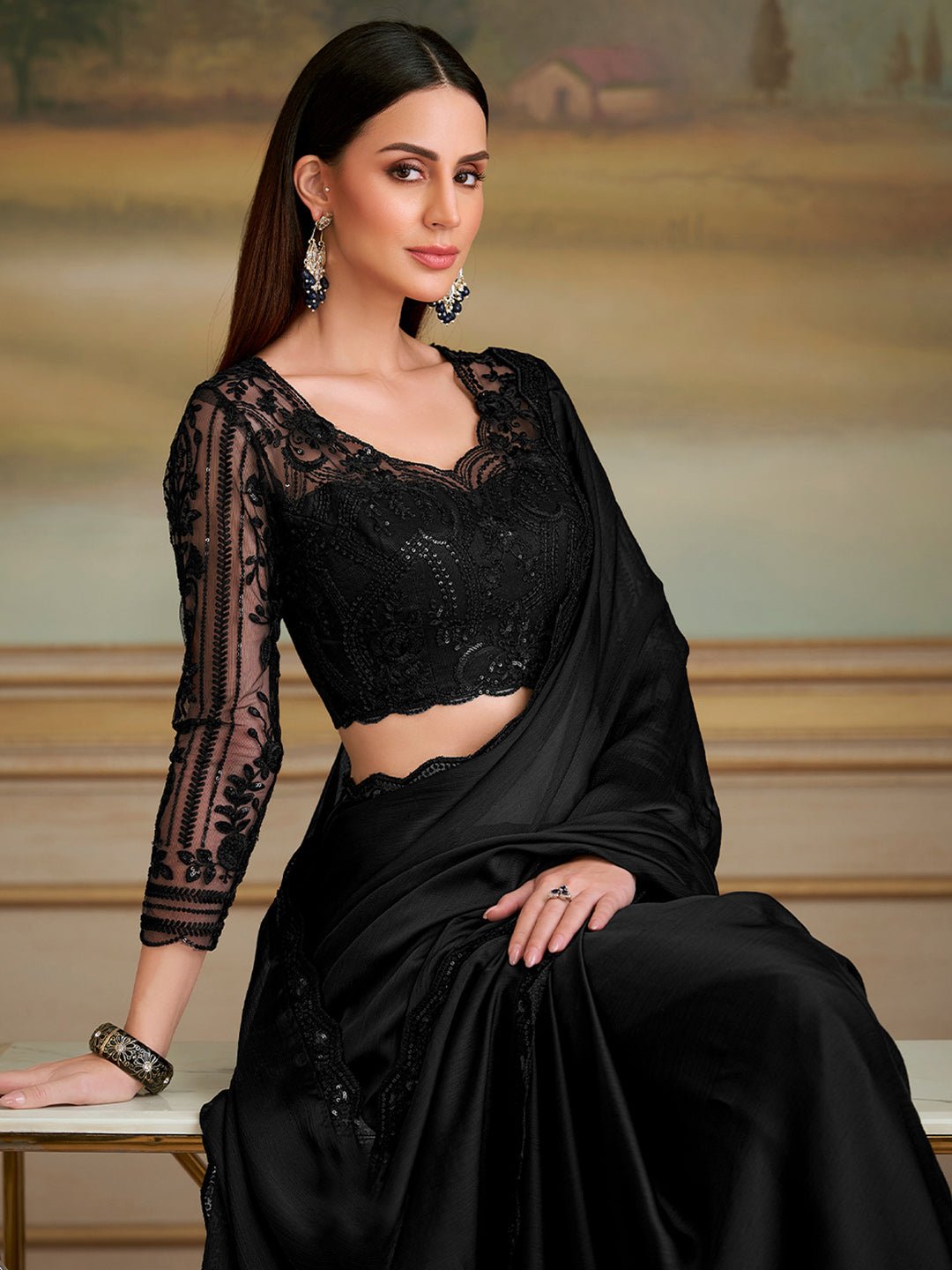 Black Embellished Sequinned Pure Chiffon Saree - Ressa