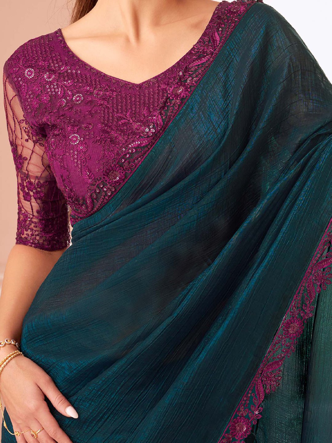 Black Embellished Sequinned Pure Chiffon Saree - Ressa