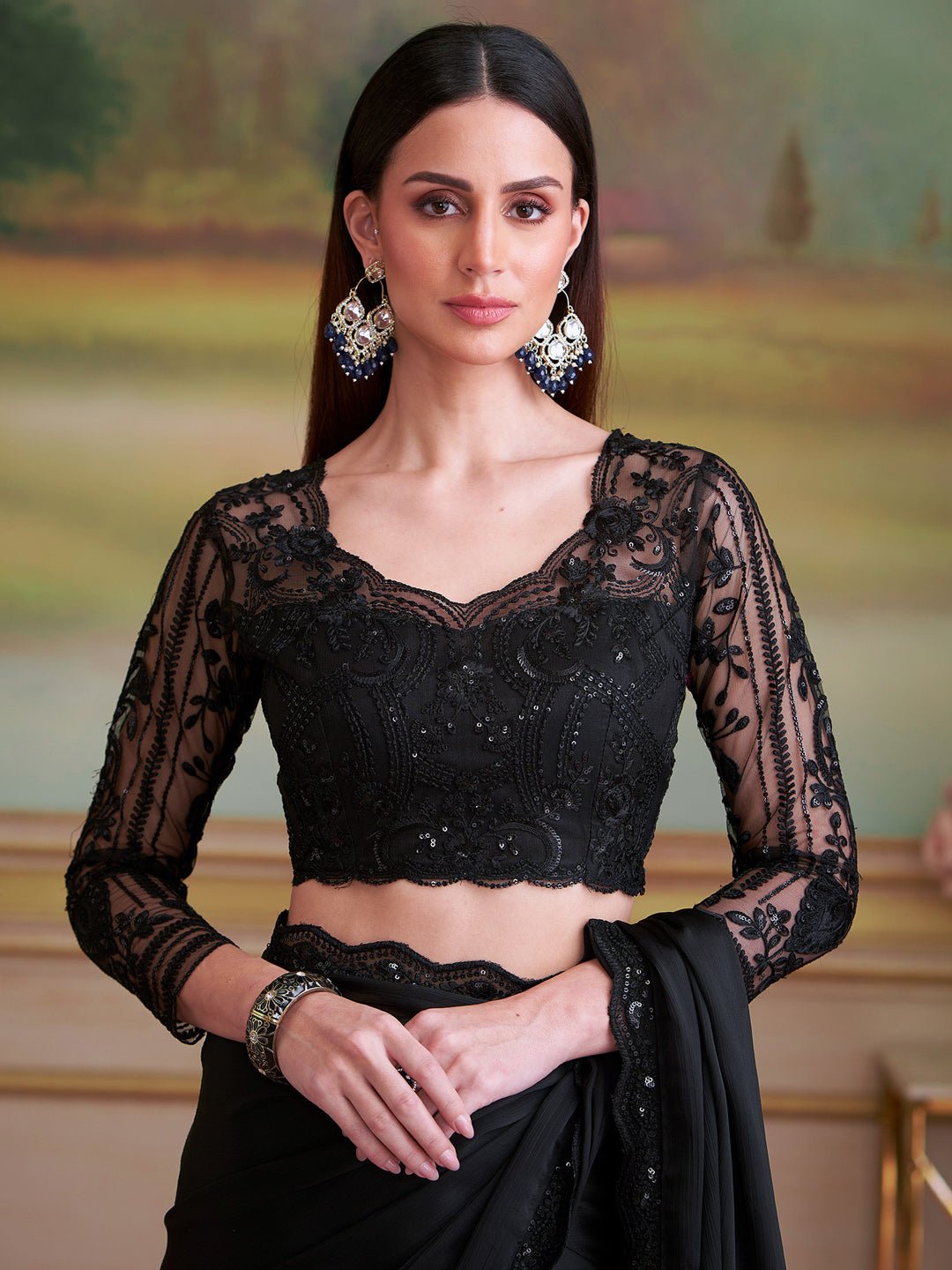 Black Embellished Sequinned Pure Chiffon Saree - Ressa