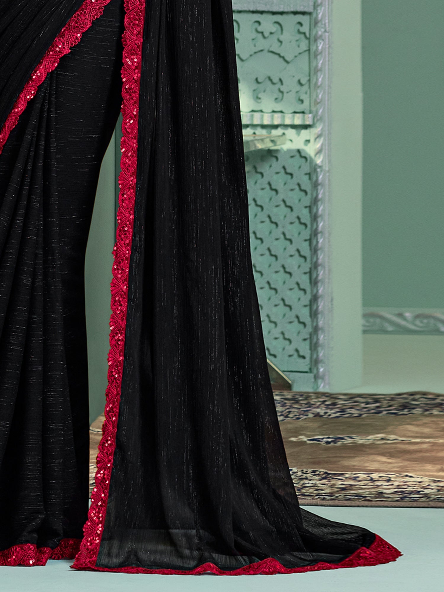 Black Embellished Sequinned Pure Chiffon Saree - Ressa