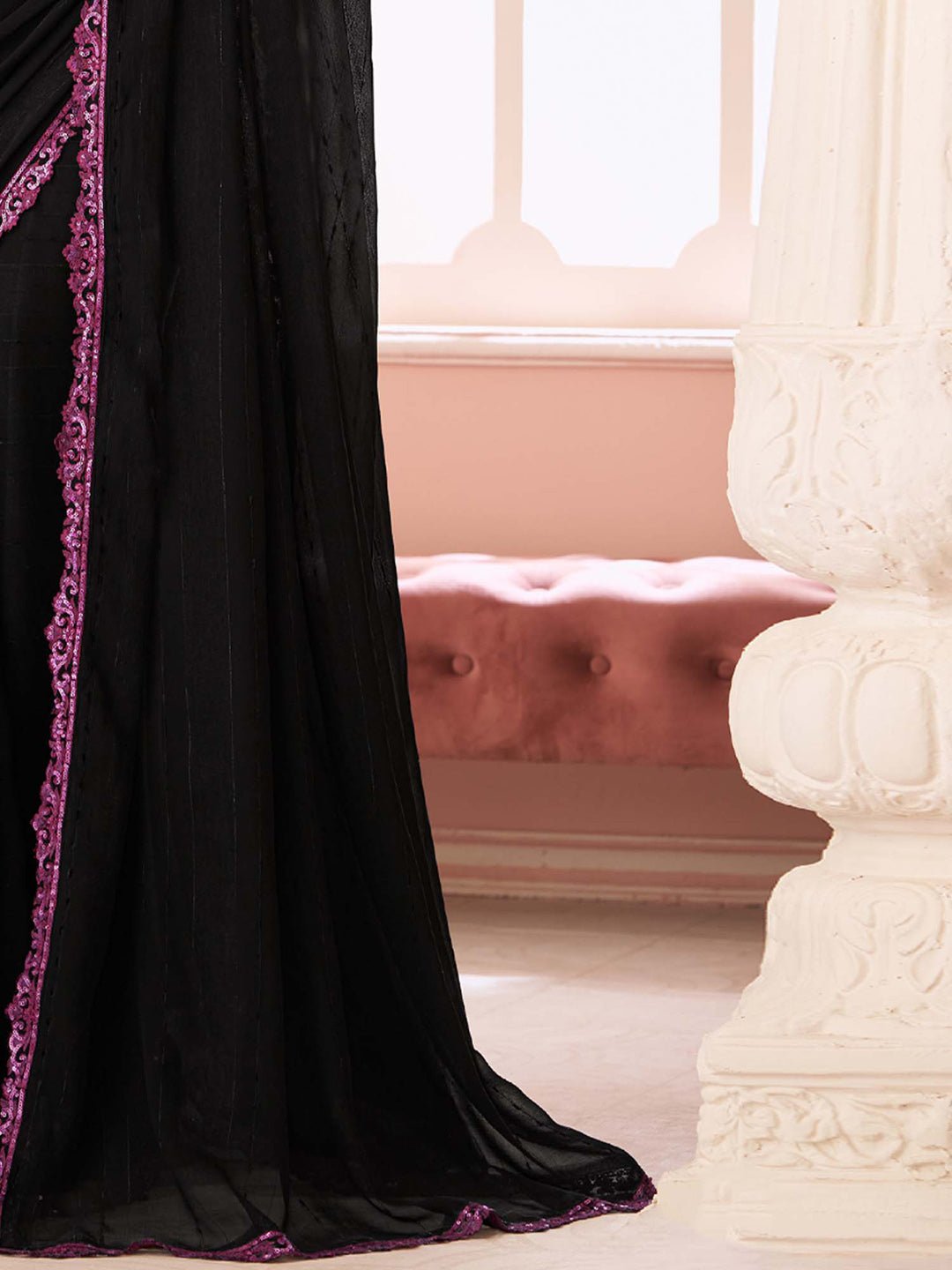 Black Embellished Sequinned Pure Chiffon Saree - Ressa