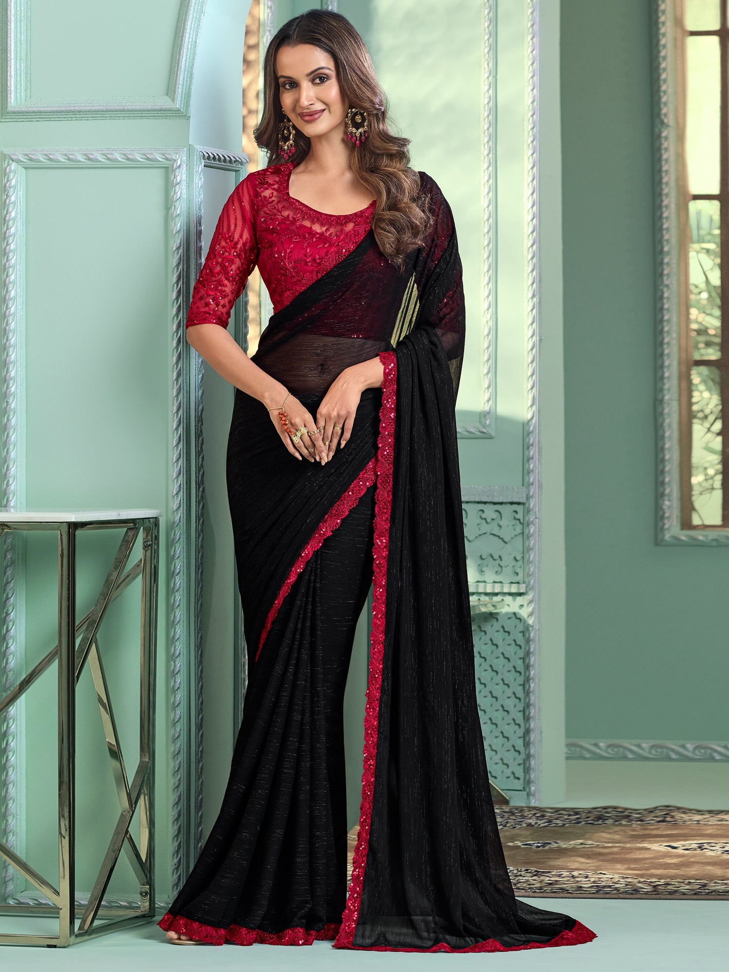 Black Embellished Sequinned Pure Chiffon Saree - Ressa