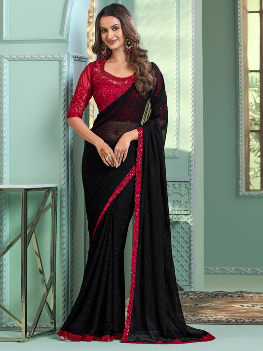 Black Embellished Sequinned Pure Chiffon Saree - Ressa