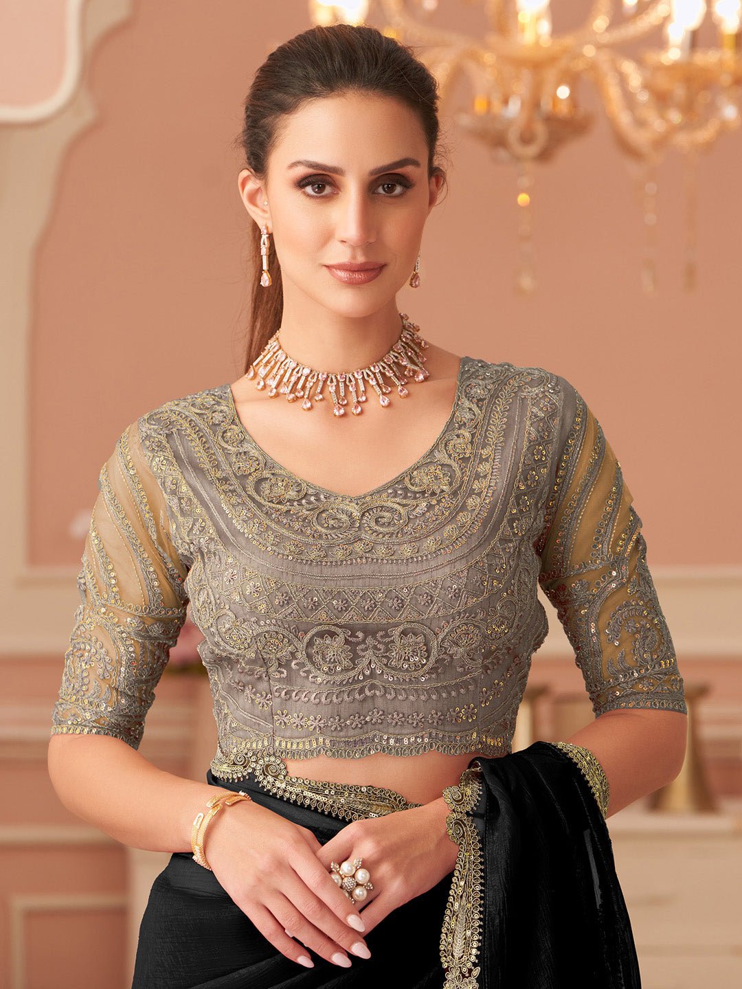Black Embellished Sequinned Pure Chiffon Saree - Ressa