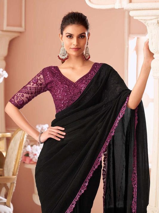 Black Embellished Sequinned Pure Chiffon Saree - Ressa