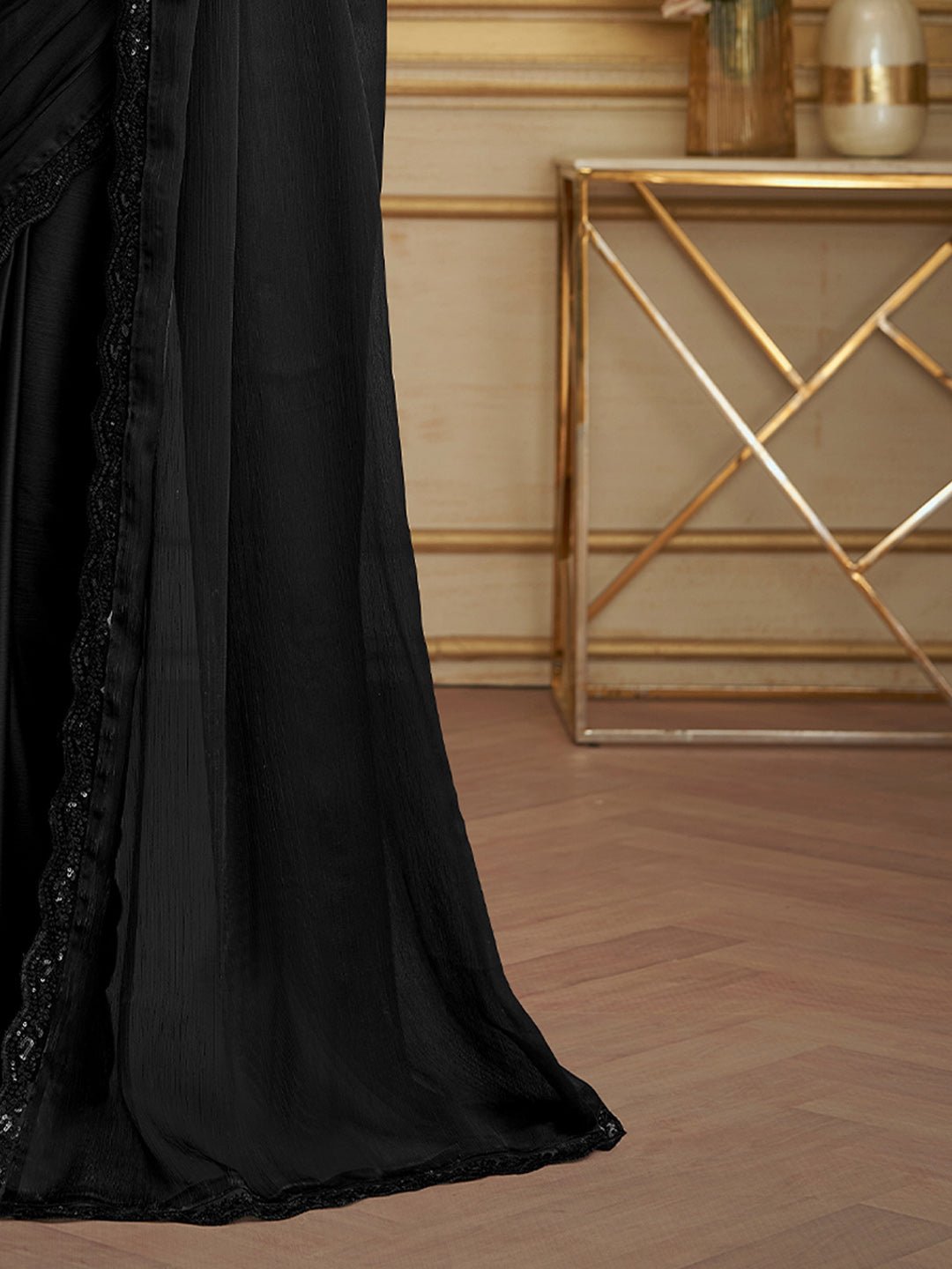 Black Embellished Sequinned Pure Chiffon Saree - Ressa