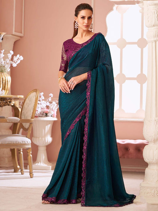 Black Embellished Sequinned Pure Chiffon Saree - Ressa