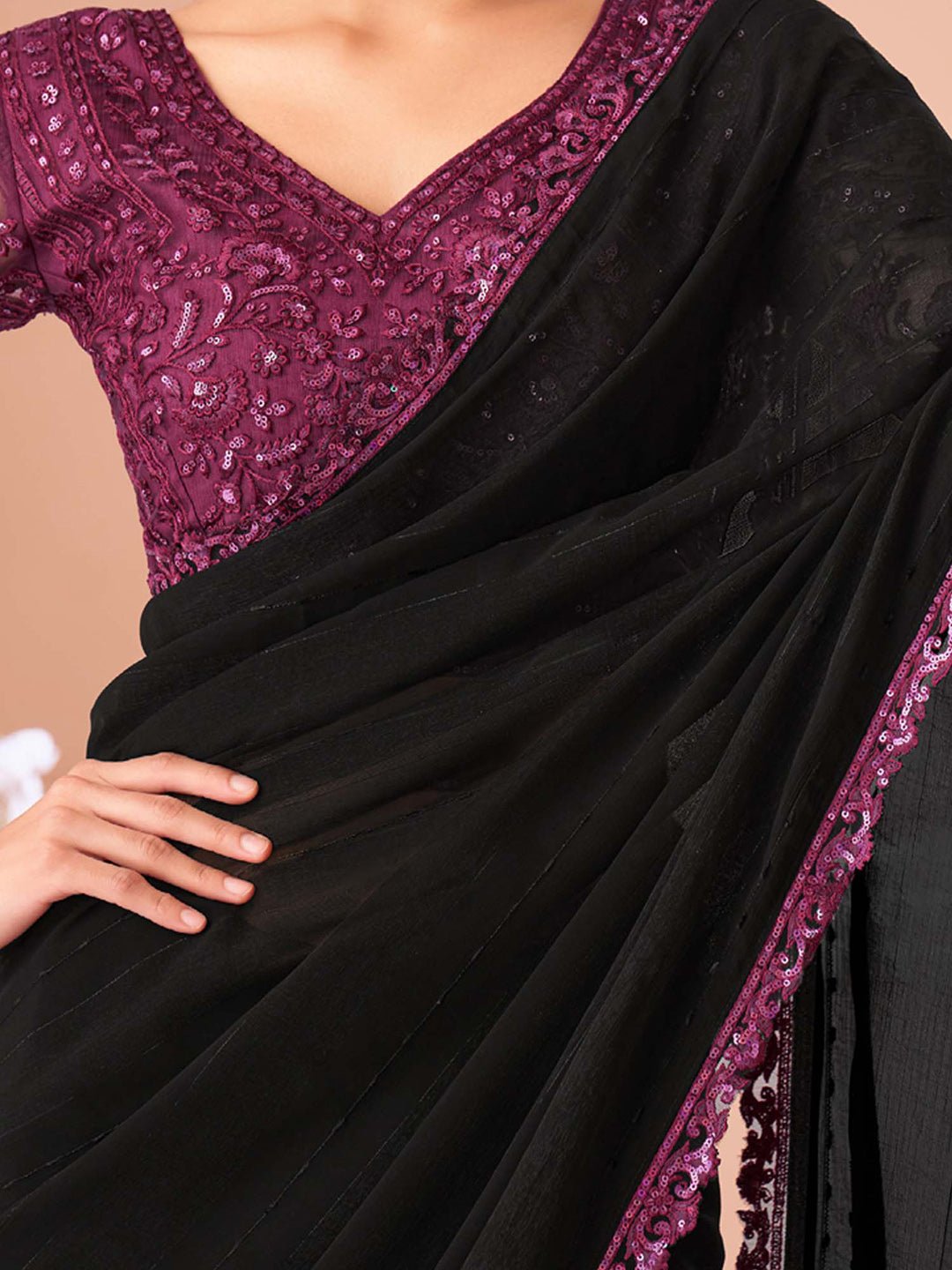 Black Embellished Sequinned Pure Chiffon Saree - Ressa