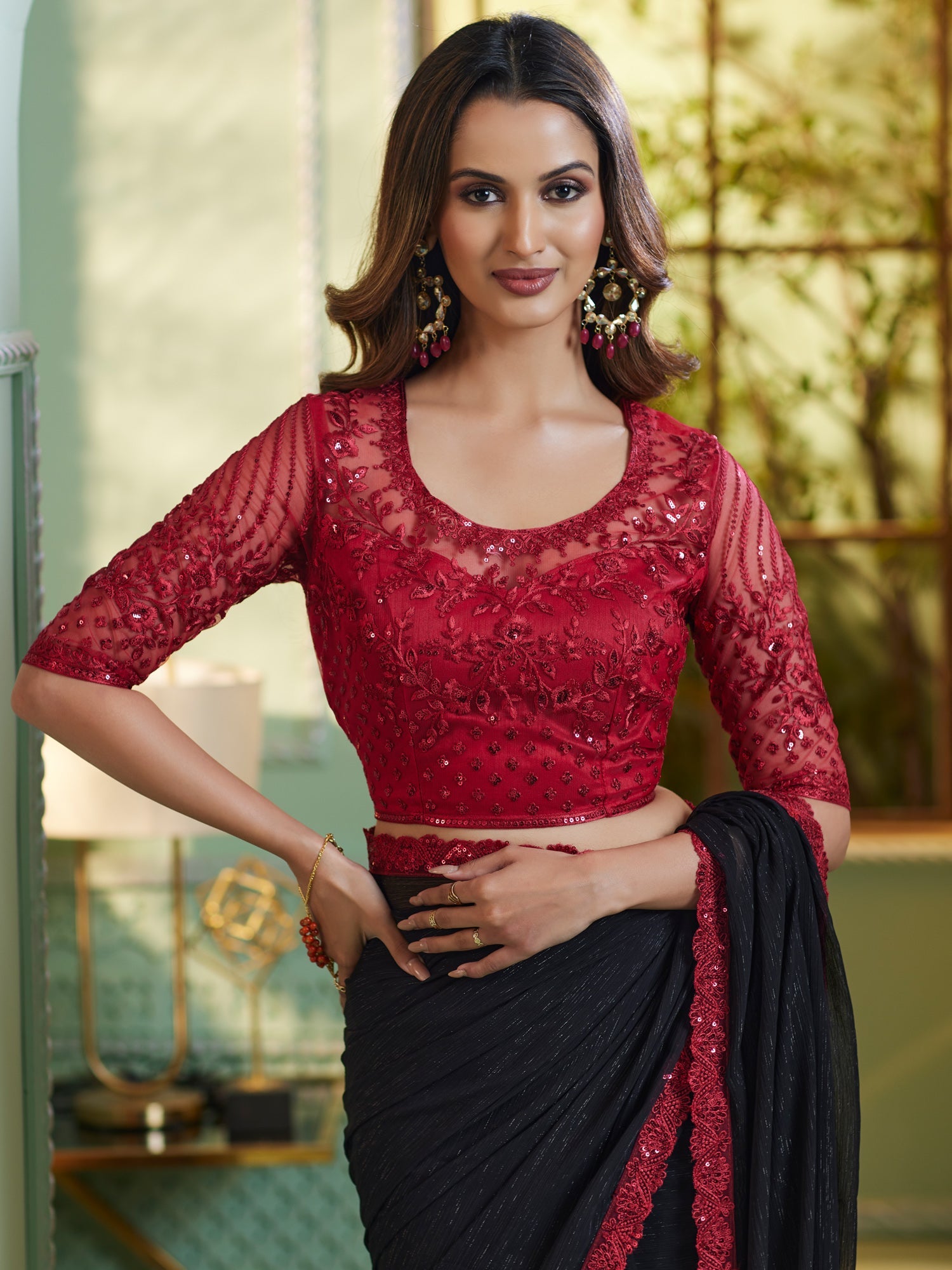 Black Embellished Sequinned Pure Chiffon Saree - Ressa