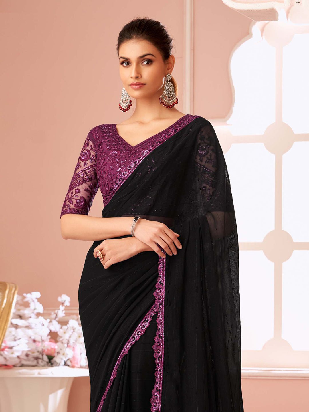 Black Embellished Sequinned Pure Chiffon Saree - Ressa