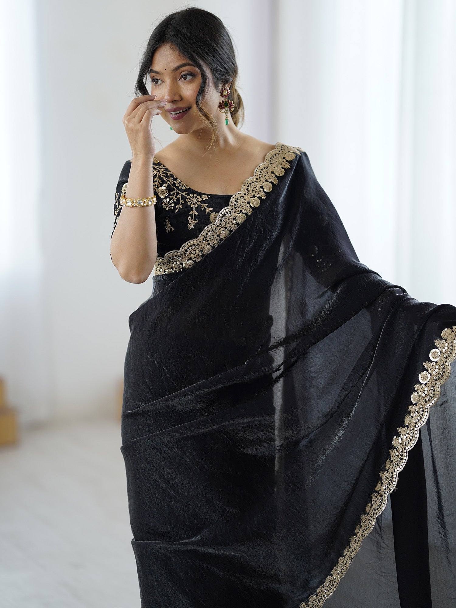 Black Embellished Tisshu Sarees - Ressa