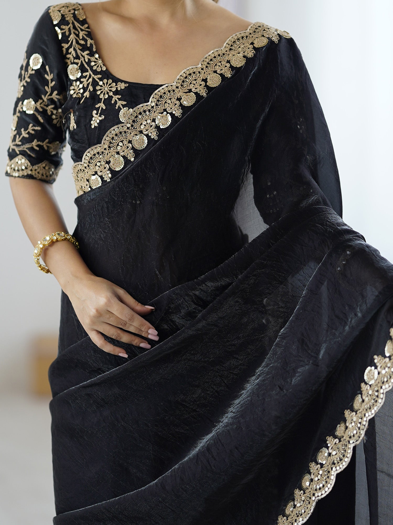 Black Embellished Tisshu Sarees - Ressa