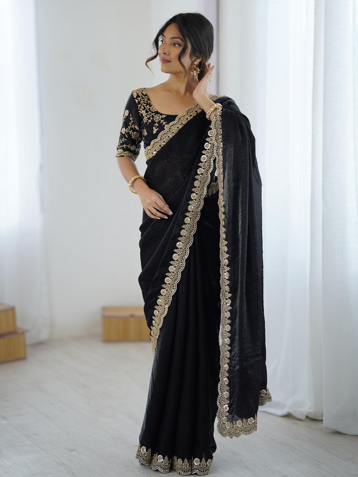 Black Embellished Tisshu Sarees - Ressa