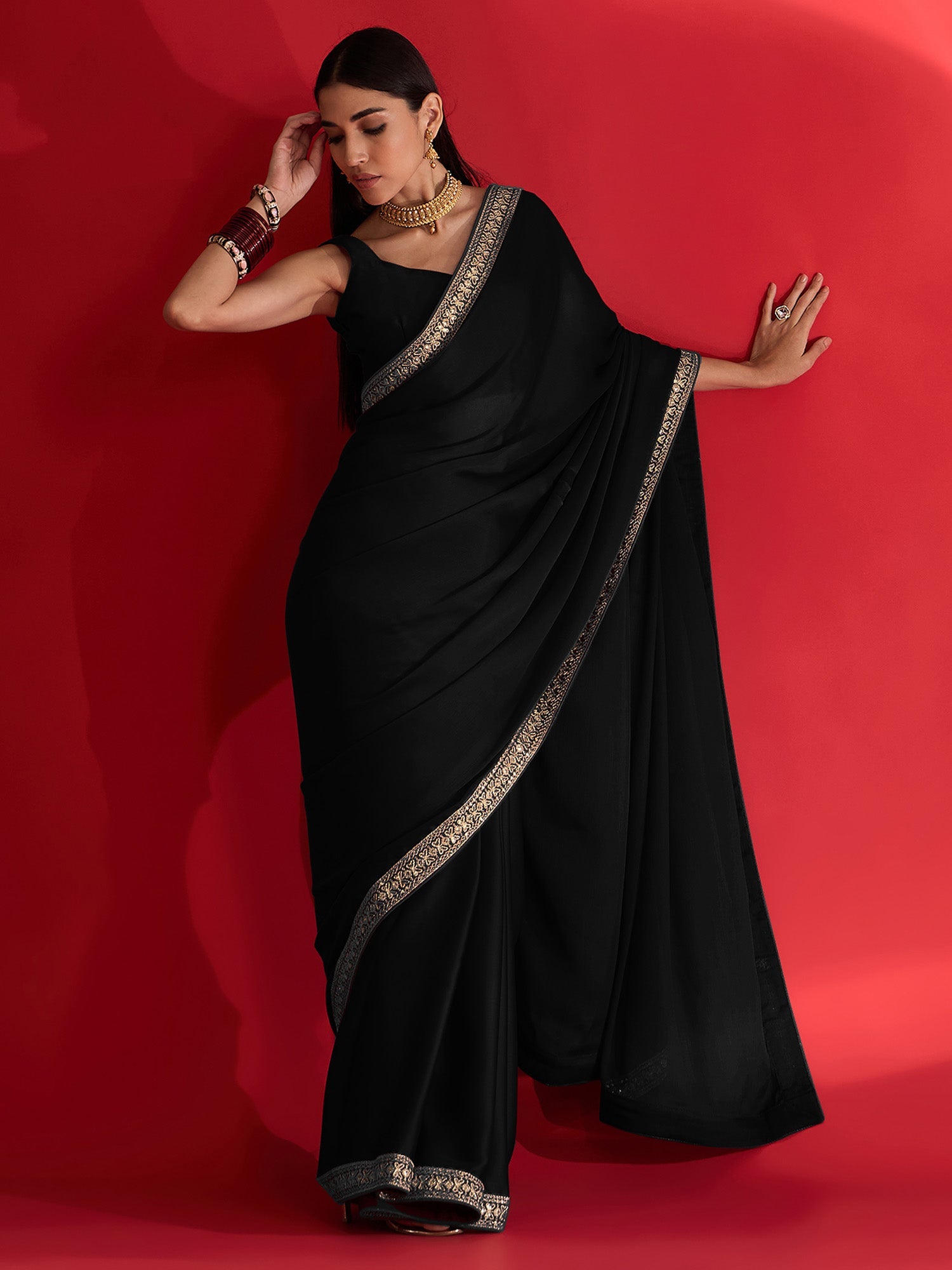 Black Embroidered Jari Border Stain Chiffon Saree - Ressa