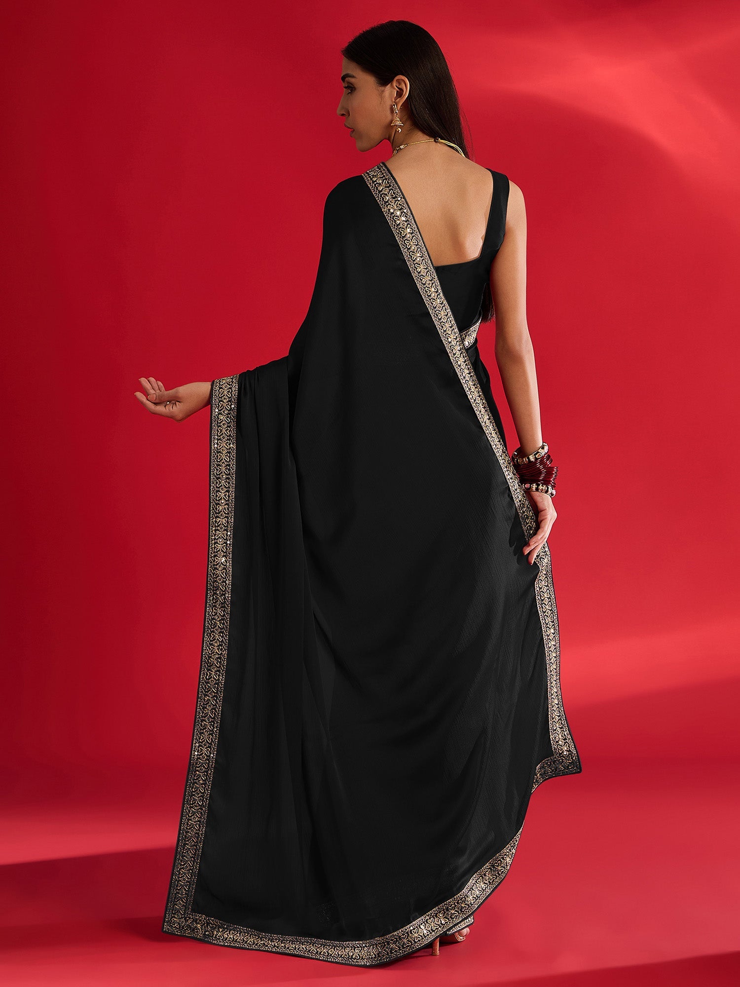 Black Embroidered Jari Border Stain Chiffon Saree - Ressa