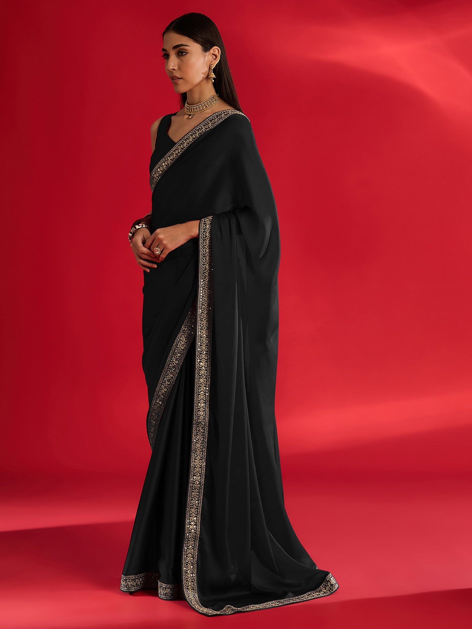 Black Embroidered Jari Border Stain Chiffon Saree - Ressa