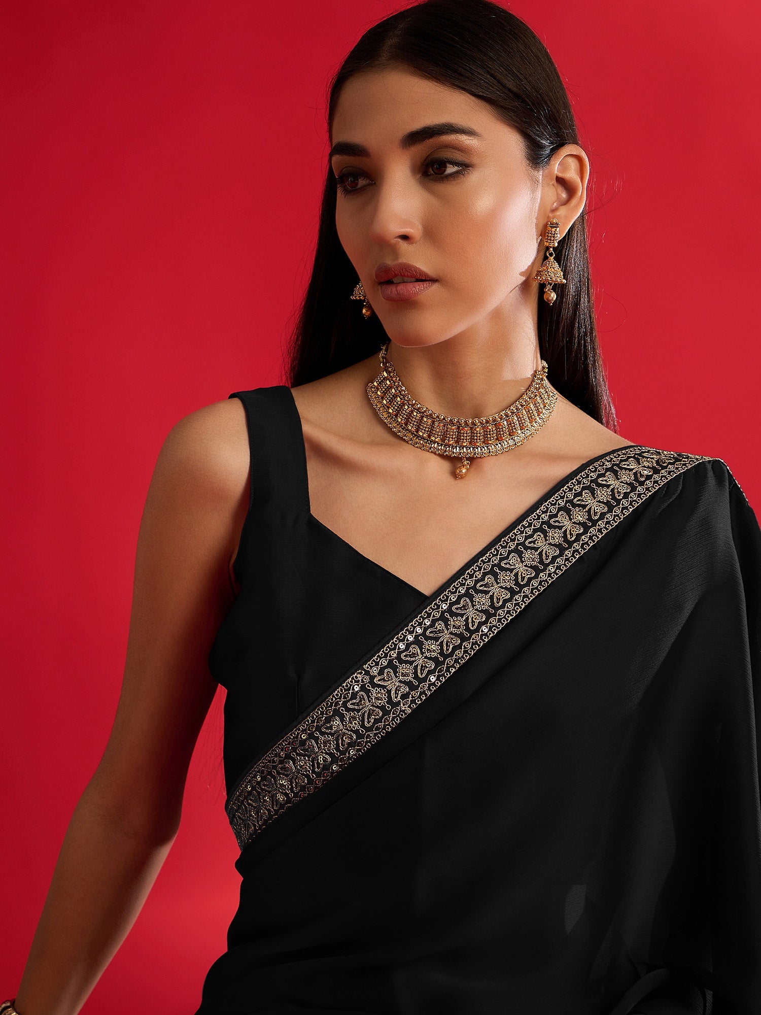 Black Embroidered Jari Border Stain Chiffon Saree - Ressa
