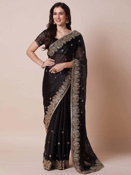 Black Embroidered Organza Saree - Ressa
