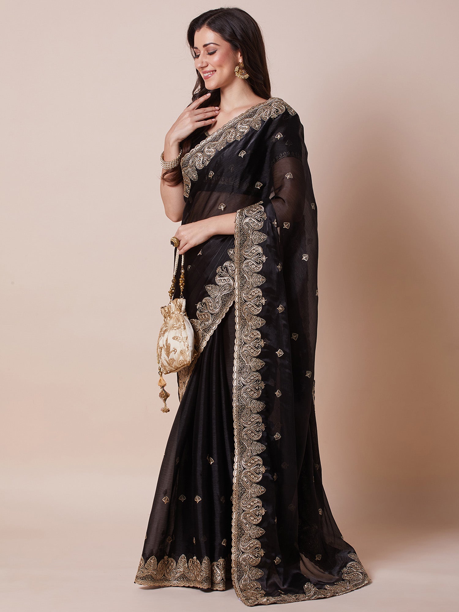 Black Embroidered Organza Saree - Ressa