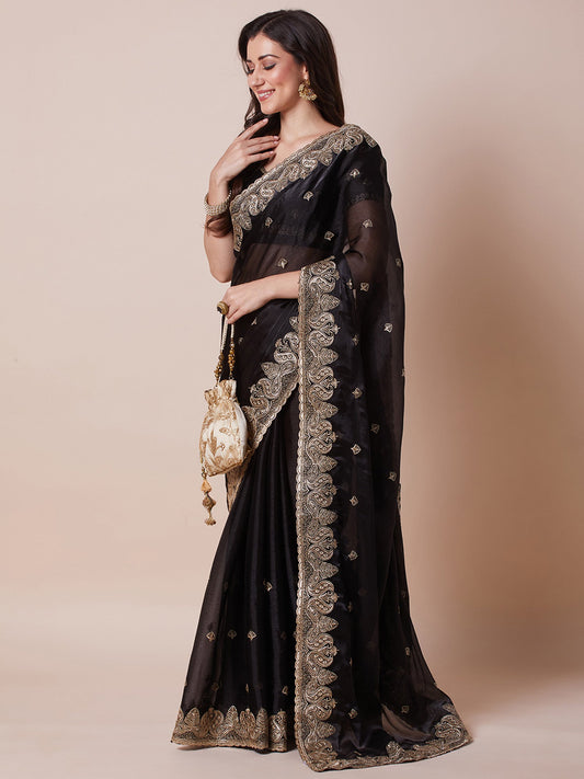 Black Embroidered Organza Saree - Ressa