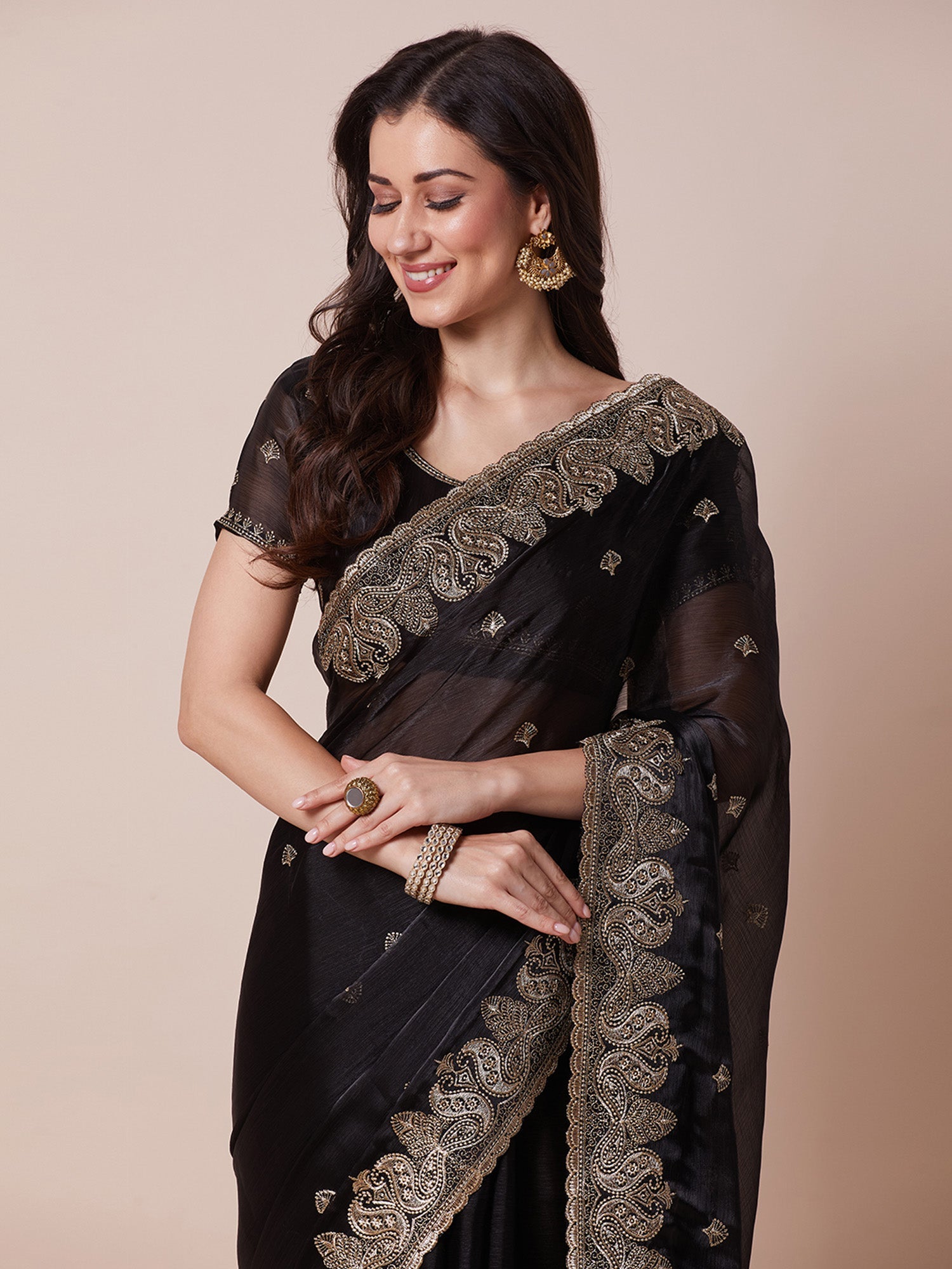 Black Embroidered Organza Saree - Ressa