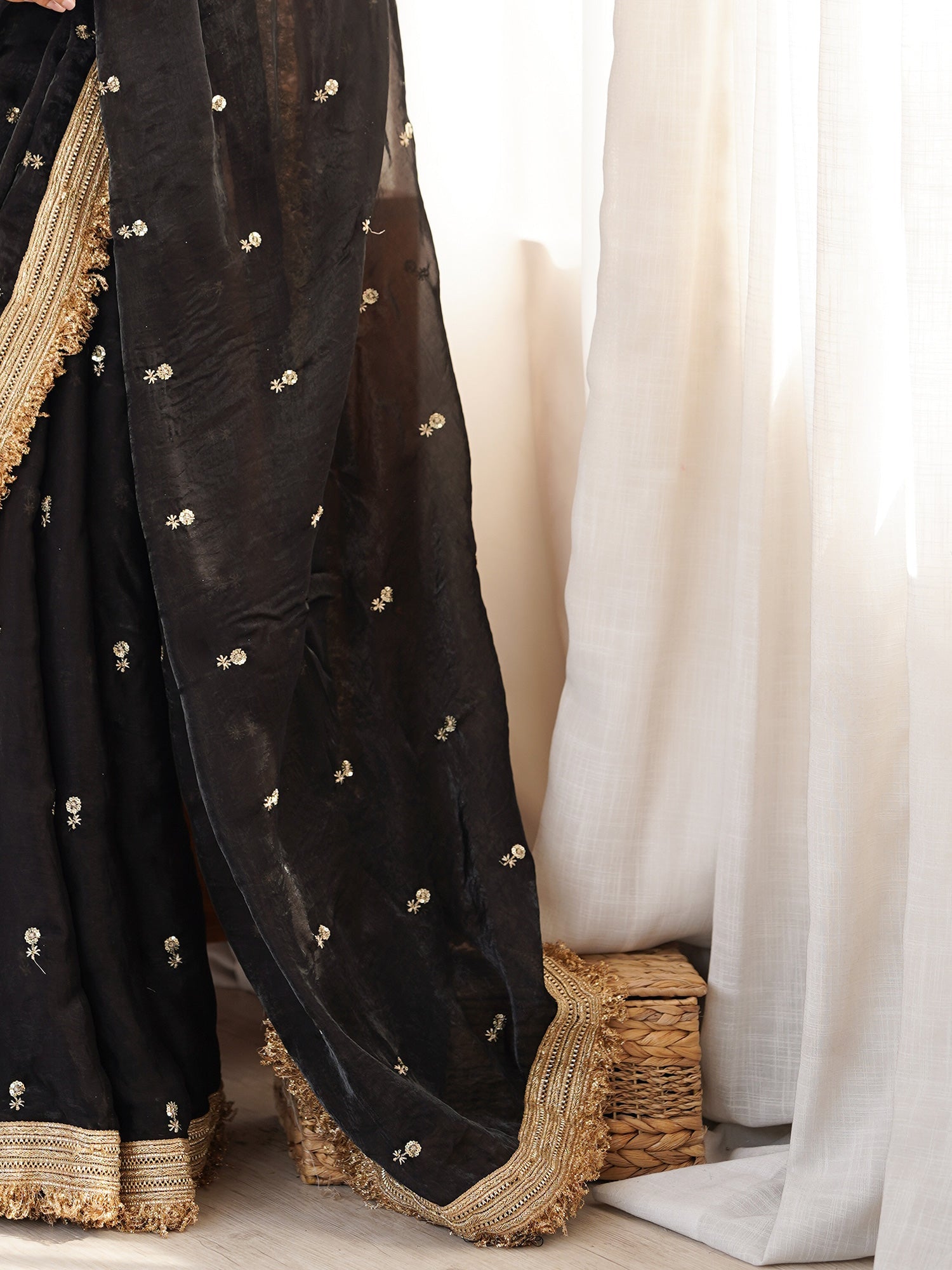 Black Embroidered Organza Saree with Heavy Zari Border - Ressa